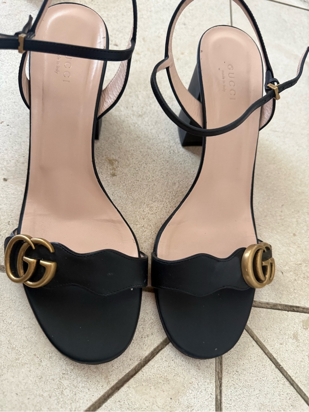 Gucci Black Leather Ankle-Strap Sandals with Gold Double G